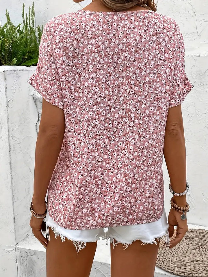 Women's Cotton Ditsy Floral Short-Sleeve Button-Front Blouse