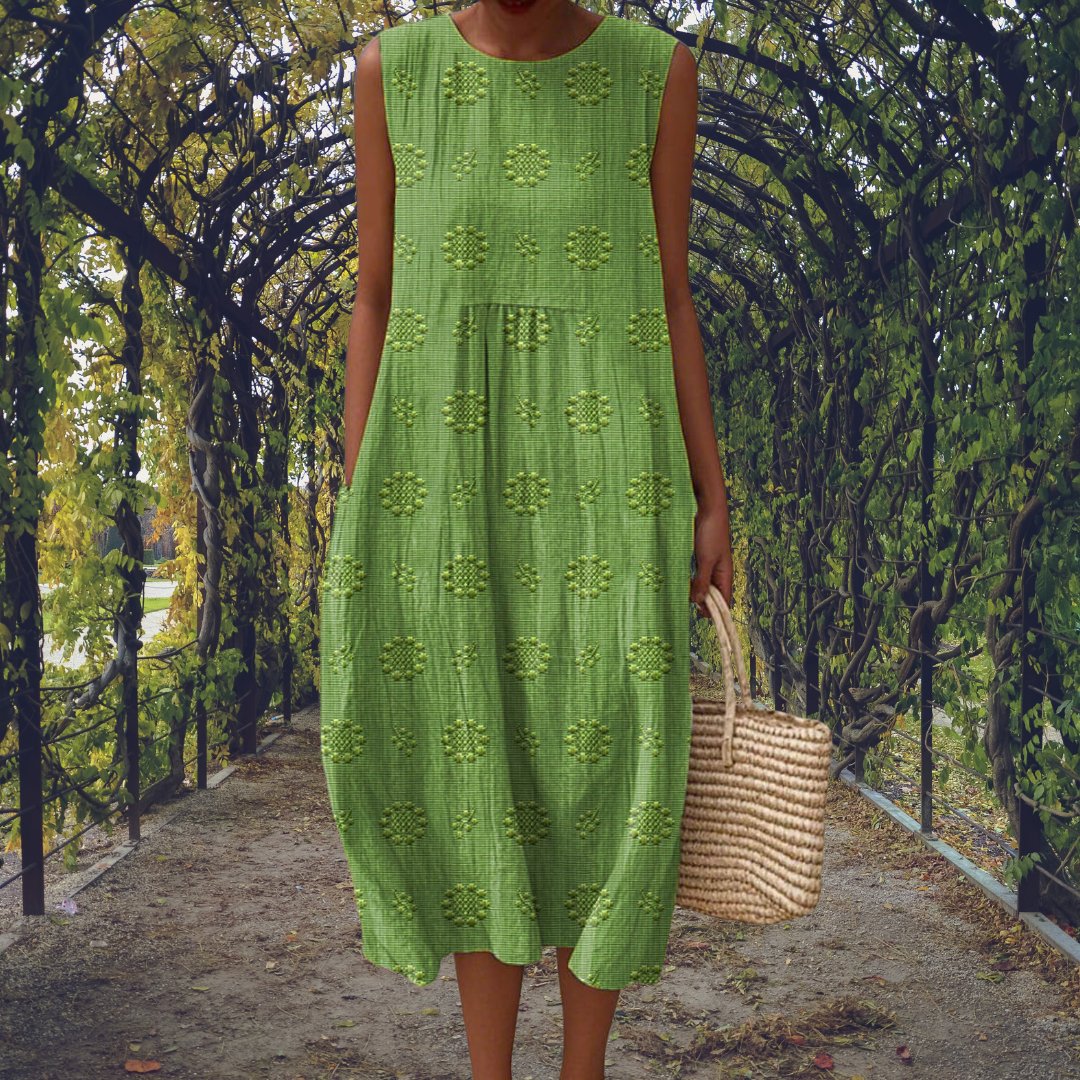 Women's Cotton Embroidered Sleeveless Midi Dress - Green