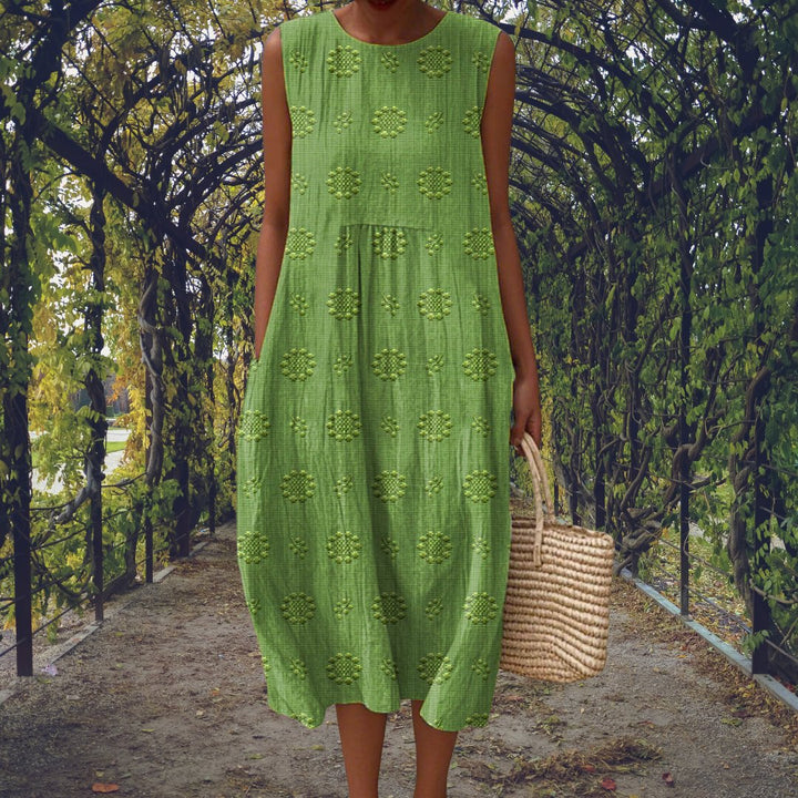 Women's Cotton Embroidered Sleeveless Midi Dress - Green