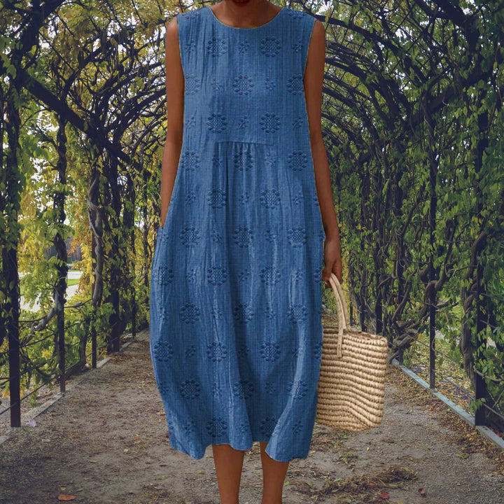 Women's Cotton Embroidered Sleeveless Midi Dress - Blue