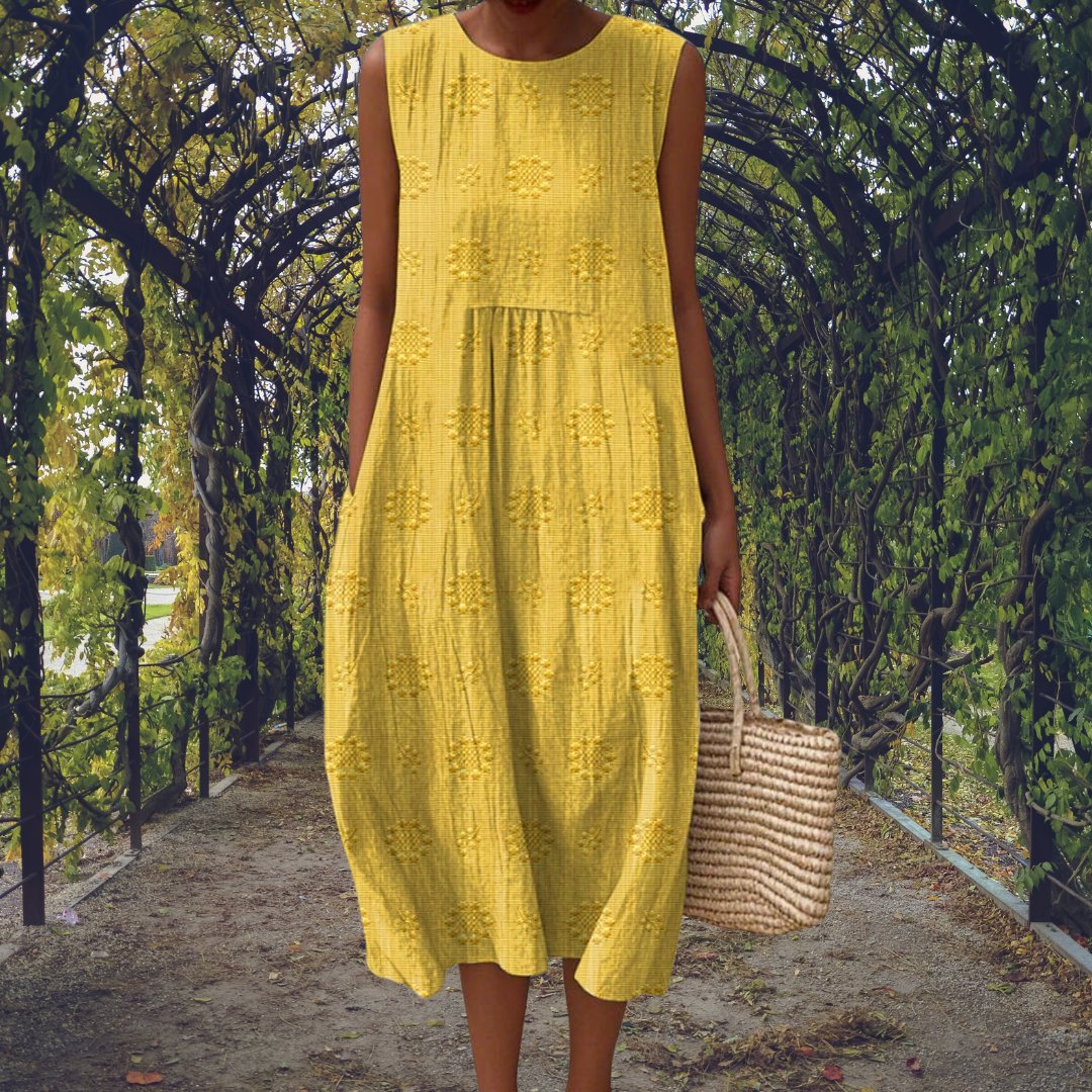 Women's Cotton Embroidered Sleeveless Midi Dress - Yellow