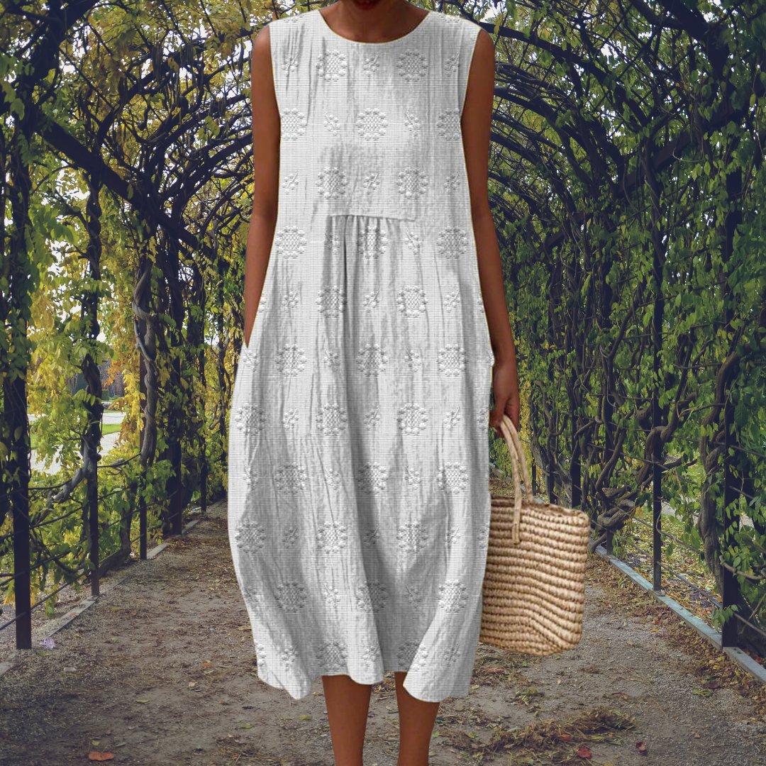 Women's Cotton Embroidered Sleeveless Midi Dress - White