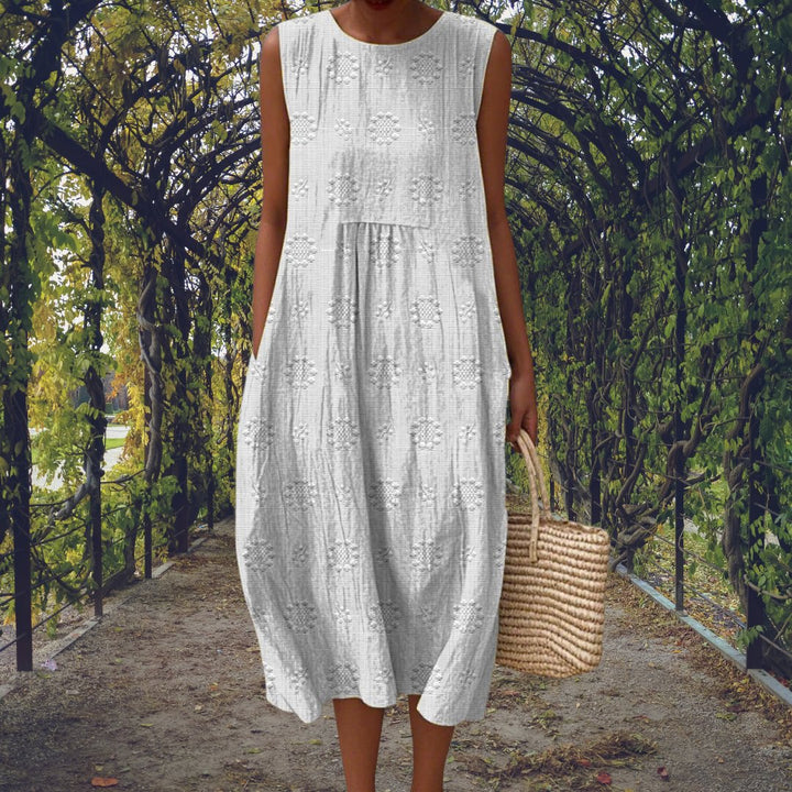 Women's Cotton Embroidered Sleeveless Midi Dress - White