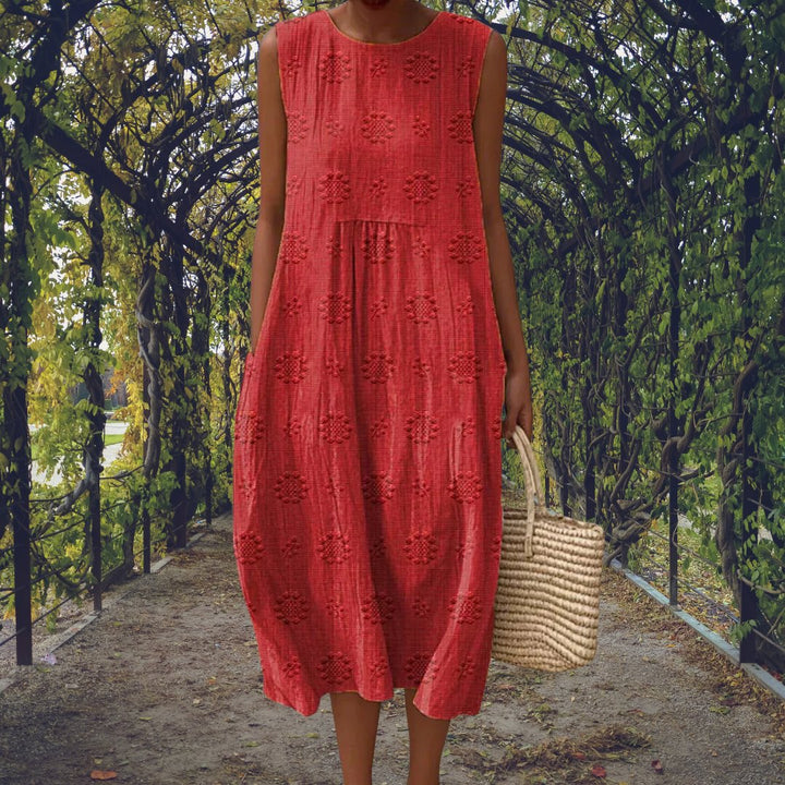 Women's Cotton Embroidered Sleeveless Midi Dress - Red