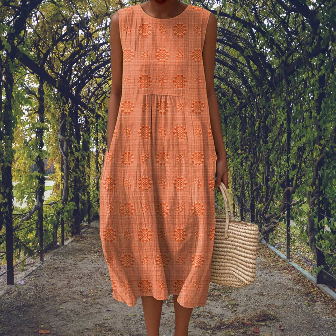 Women's Cotton Embroidered Sleeveless Midi Dress - Orange