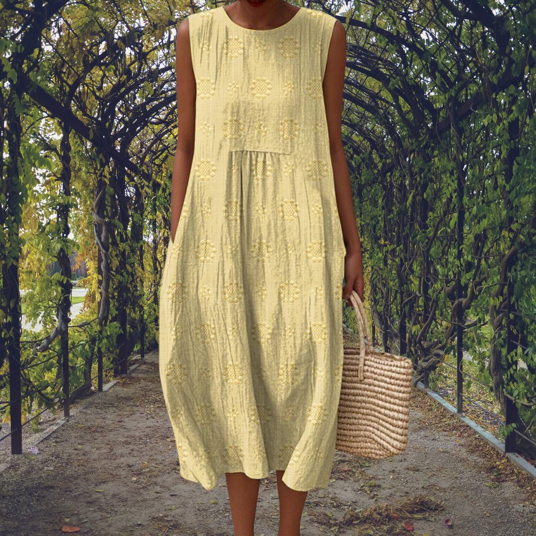 Women's Cotton Embroidered Sleeveless Midi Dress - Light Yellow