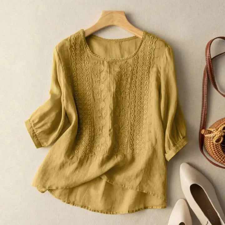 Women's Cotton Embroidered Three-Quarter Sleeve Blouse - Yellow