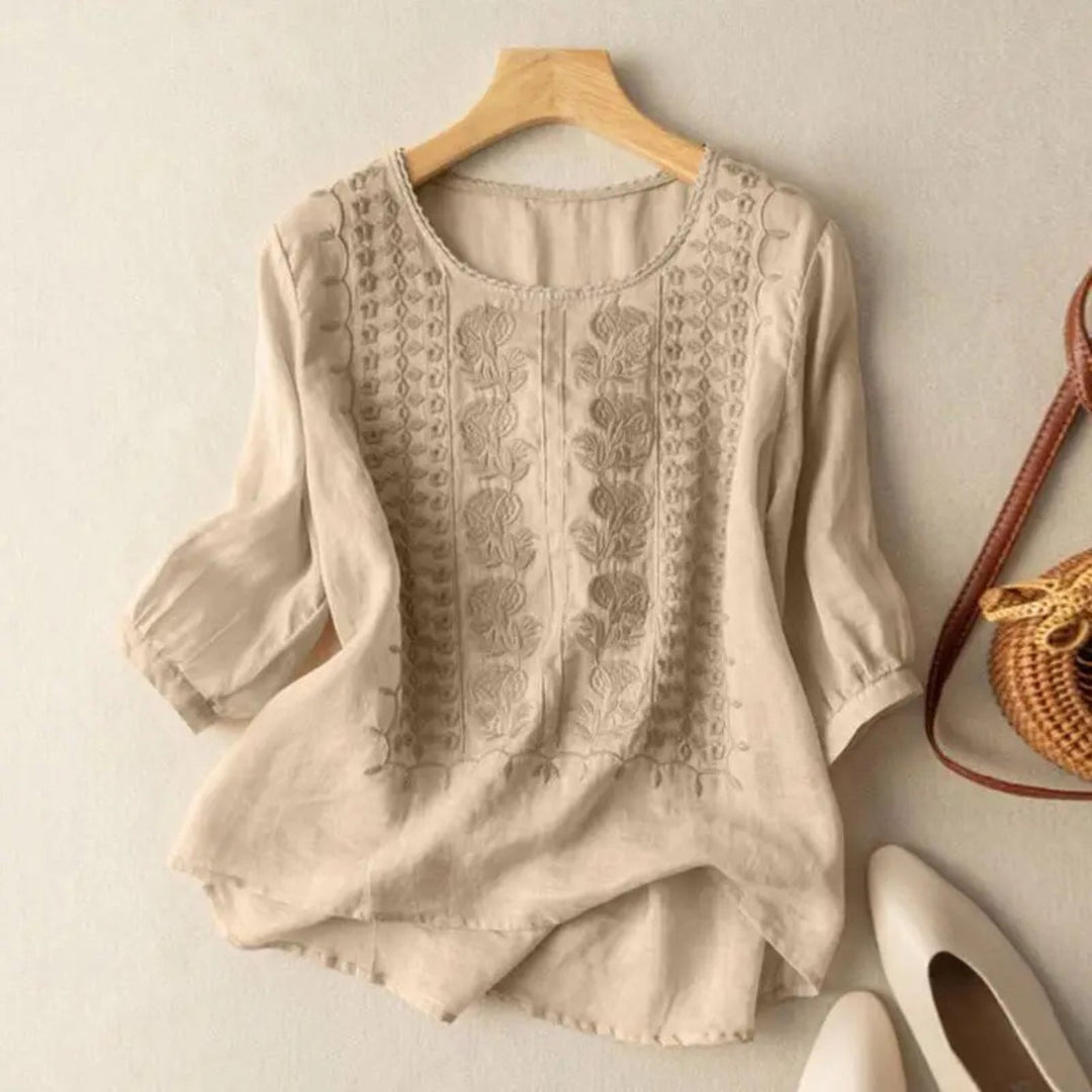 Women's Cotton Embroidered Three-Quarter Sleeve Blouse - Beige