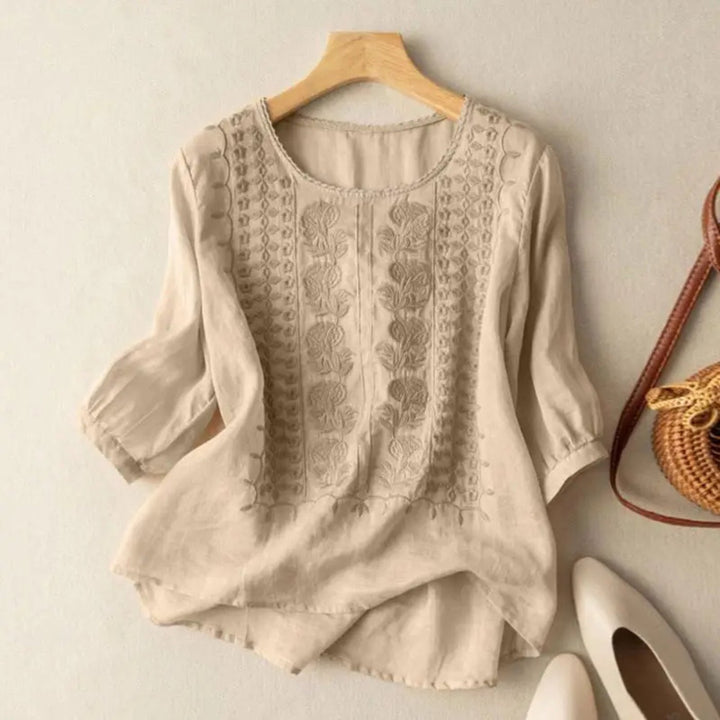 Women's Cotton Embroidered Three-Quarter Sleeve Blouse - Beige