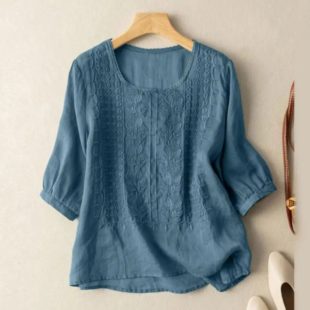 Women's Cotton Embroidered Three-Quarter Sleeve Blouse - Dusty Blue