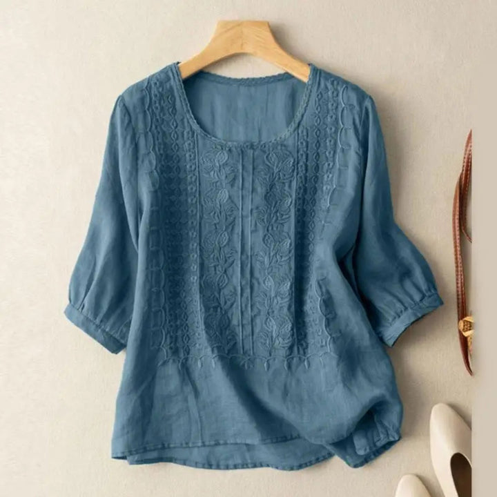Women's Cotton Embroidered Three-Quarter Sleeve Blouse - Dusty Blue