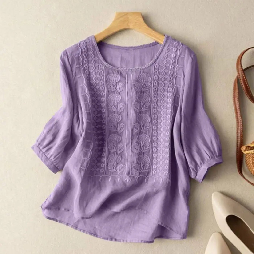 Women's Cotton Embroidered Three-Quarter Sleeve Blouse - Purple
