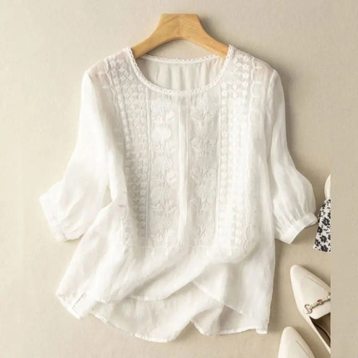 Women's Cotton Embroidered Three-Quarter Sleeve Blouse - White