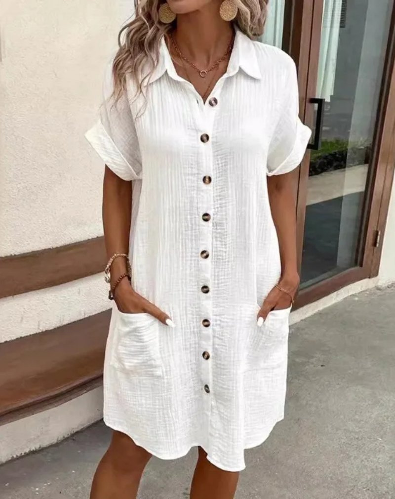 Women's Cotton Gauze Short-Sleeve Button-Down Shirt Dress - White
