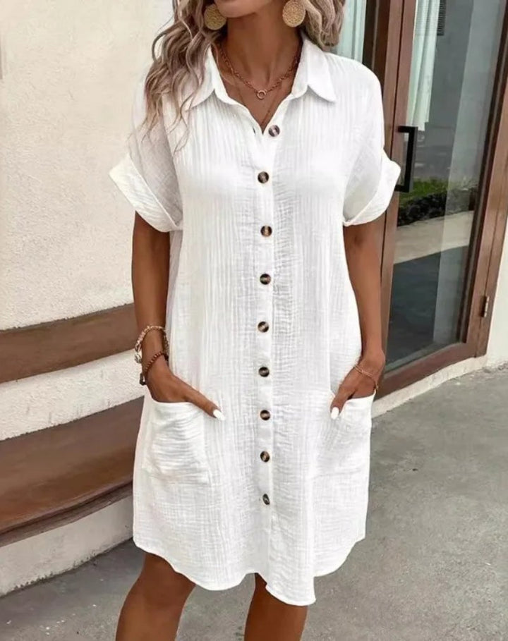Women's Cotton Gauze Short-Sleeve Button-Down Shirt Dress - White