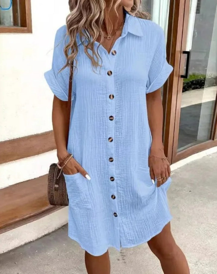 Women's Cotton Gauze Short-Sleeve Button-Down Shirt Dress - Light Blue