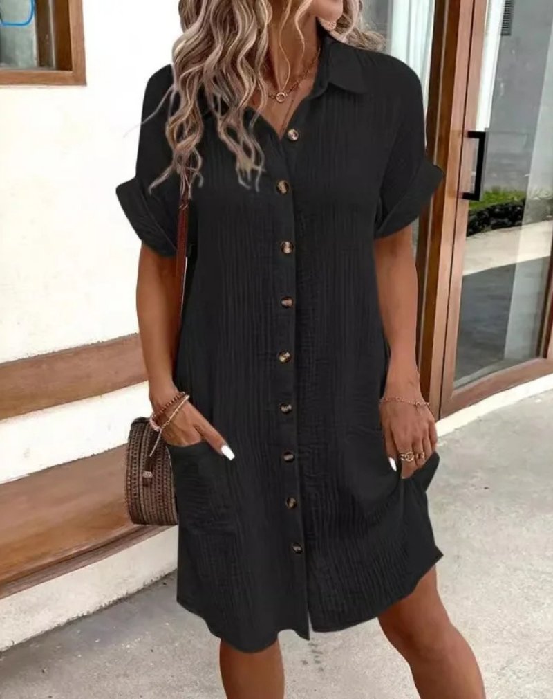 Women's Cotton Gauze Short-Sleeve Button-Down Shirt Dress - Black