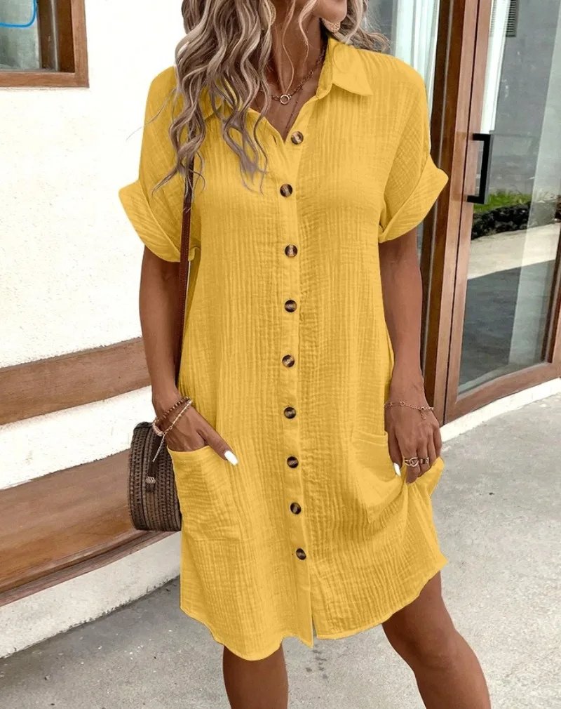 Women's Cotton Gauze Short-Sleeve Button-Down Shirt Dress - Yellow