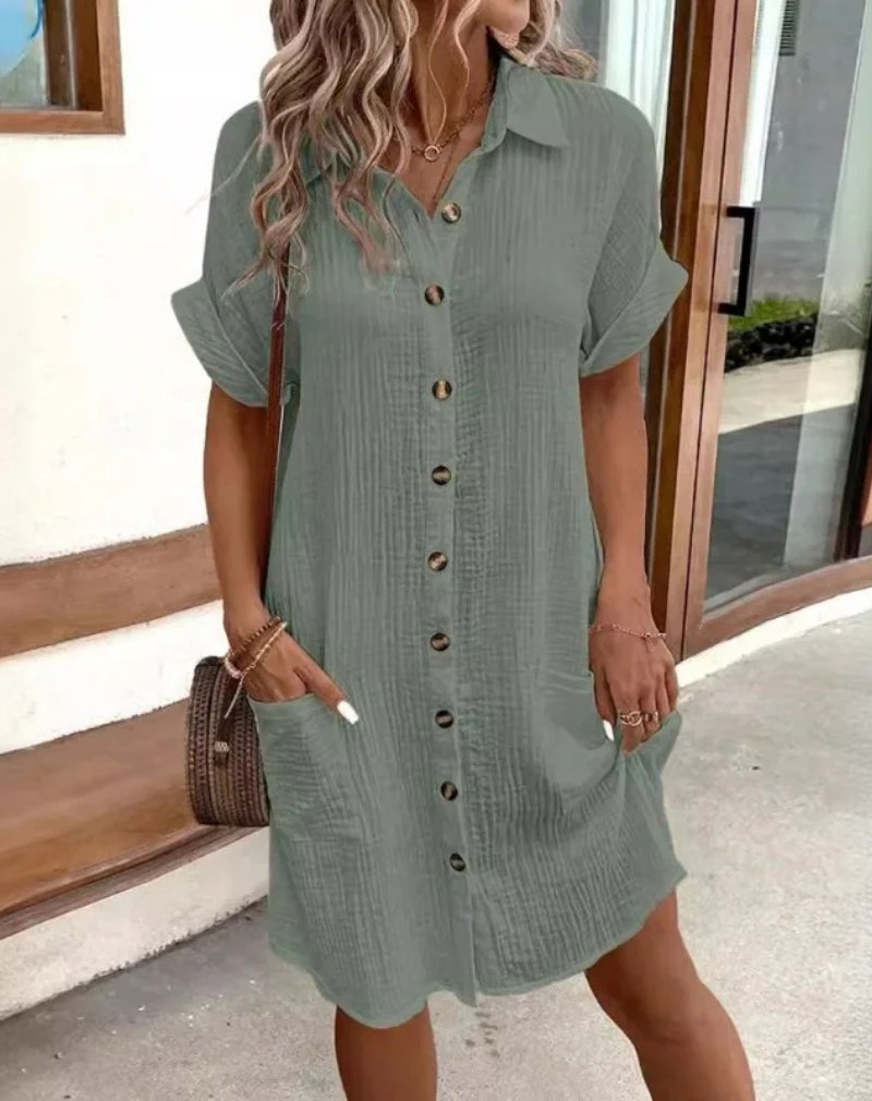 Women's Cotton Gauze Short-Sleeve Button-Down Shirt Dress - Sage Green