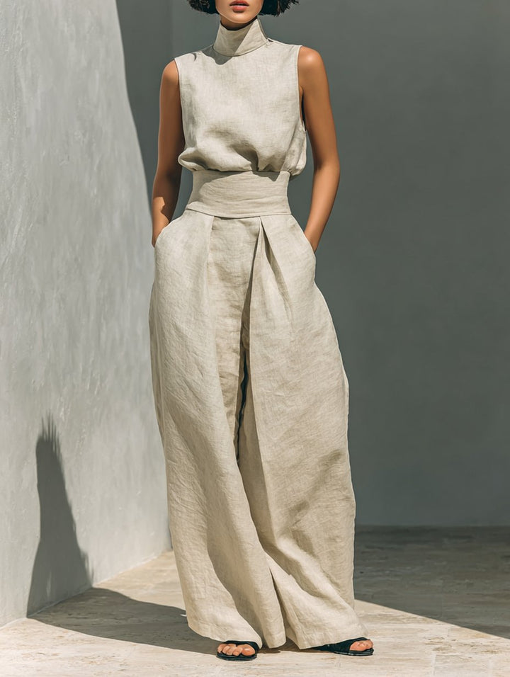 Women's Cotton Linen Blend Sleeveless Turtleneck Wide-Leg Pants Set - Khaki