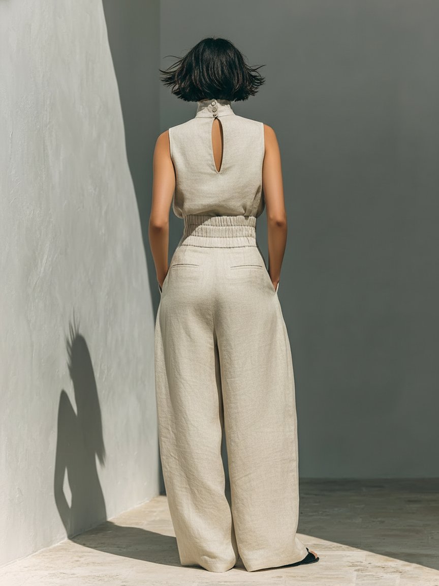 Women's Cotton Linen Blend Sleeveless Turtleneck Wide-Leg Pants Set