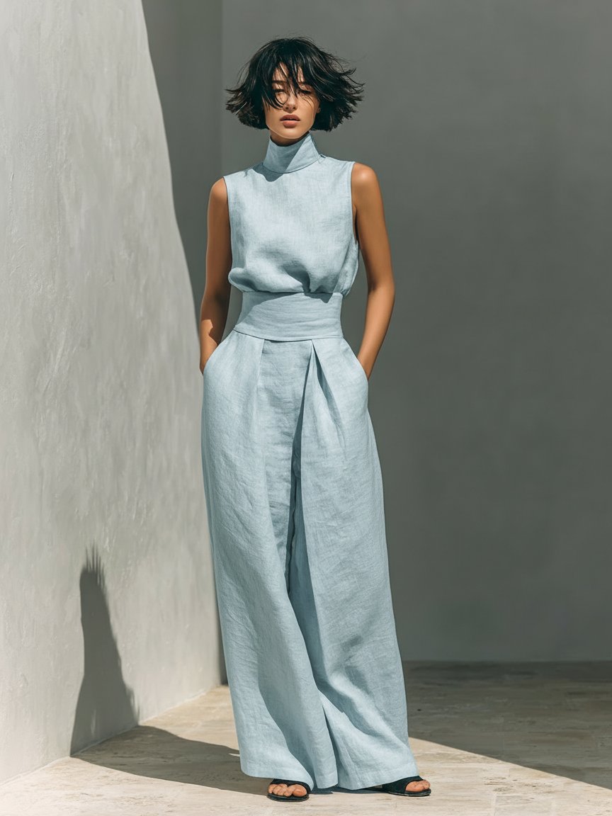 Women's Cotton Linen Blend Sleeveless Turtleneck Wide-Leg Pants Set - Light Blue