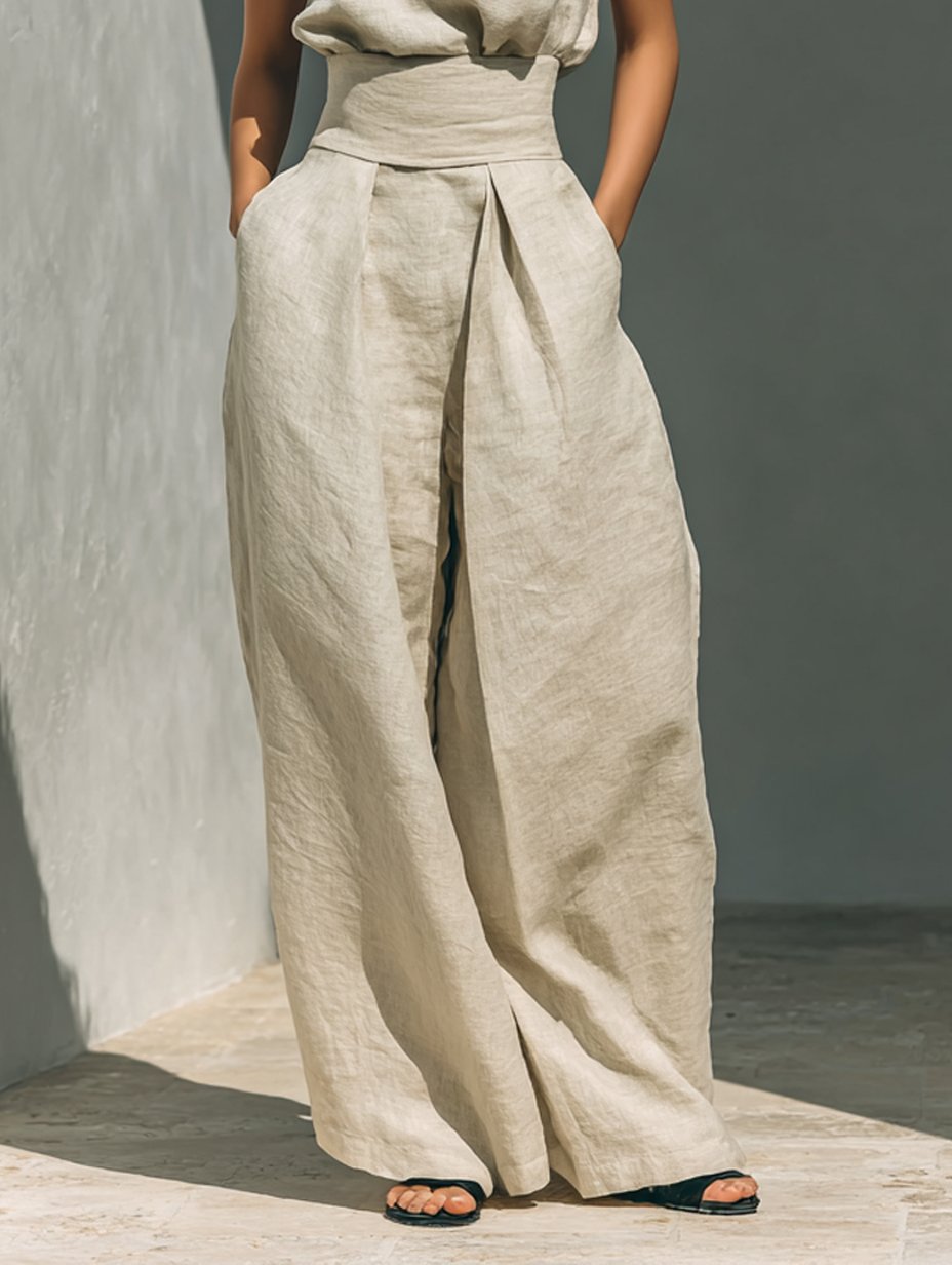 Women's Cotton Linen Blend Sleeveless Turtleneck Wide-Leg Pants Set