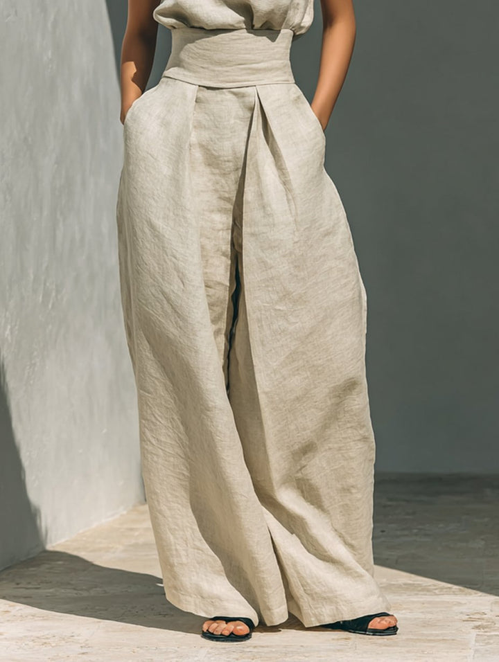 Women's Cotton Linen Blend Sleeveless Turtleneck Wide-Leg Pants Set