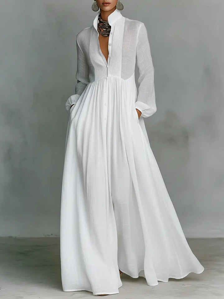 Women's Cotton Linen Blend Stand-Collar Button-Front Maxi Dress - White