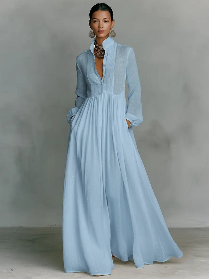 Women's Cotton Linen Blend Stand-Collar Button-Front Maxi Dress - Blue
