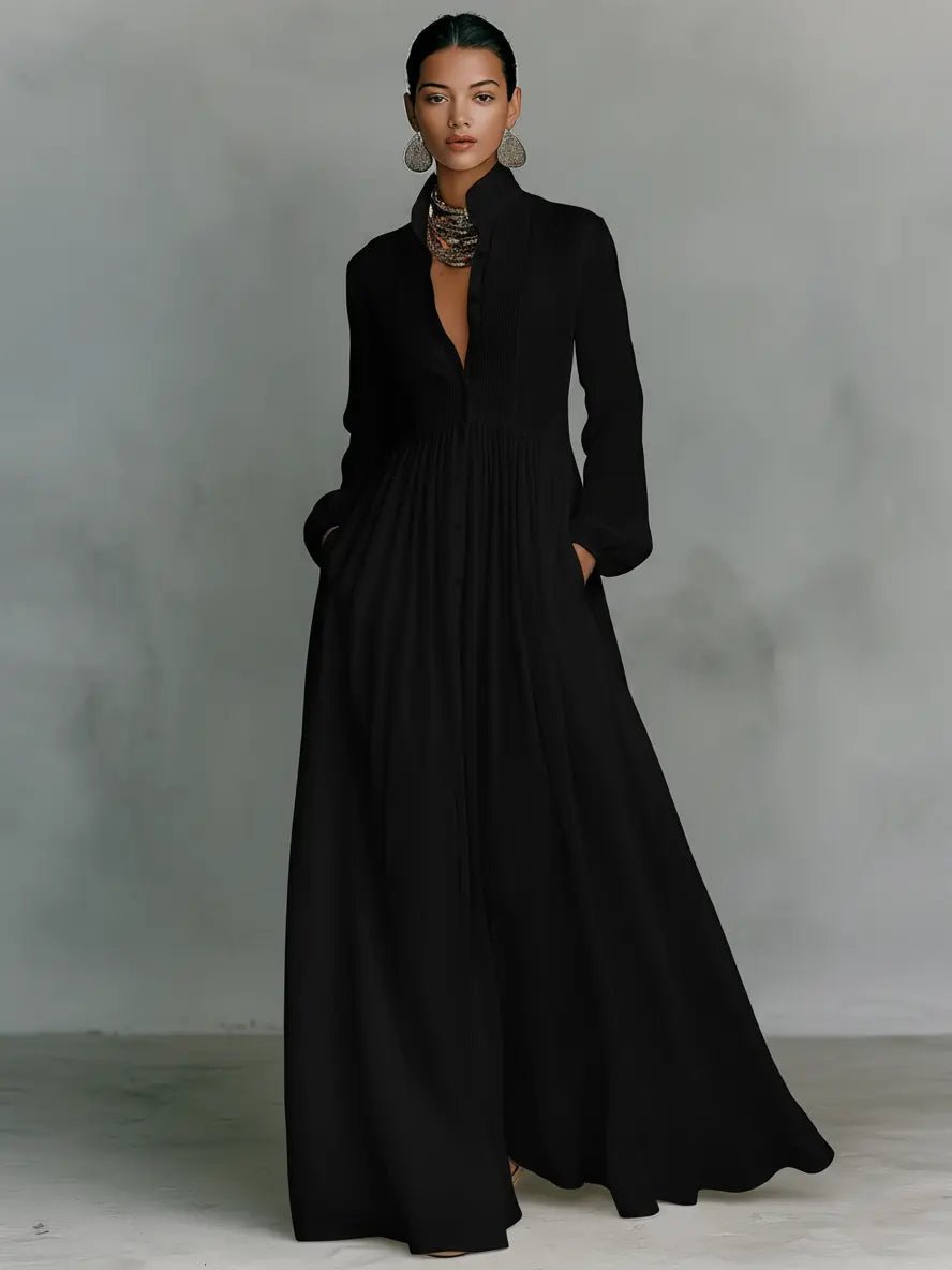 Women's Cotton Linen Blend Stand-Collar Button-Front Maxi Dress - Black