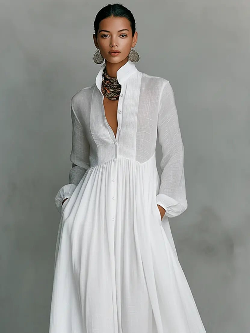 Women's Cotton Linen Blend Stand-Collar Button-Front Maxi Dress