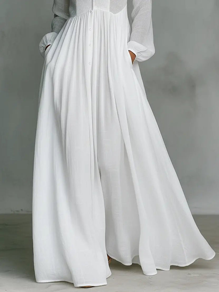Women's Cotton Linen Blend Stand-Collar Button-Front Maxi Dress