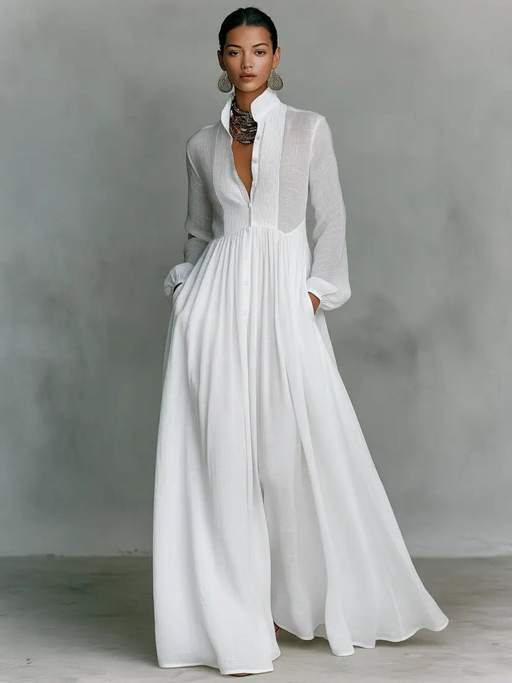 Women's Cotton Linen Blend Stand-Collar Button-Front Maxi Dress