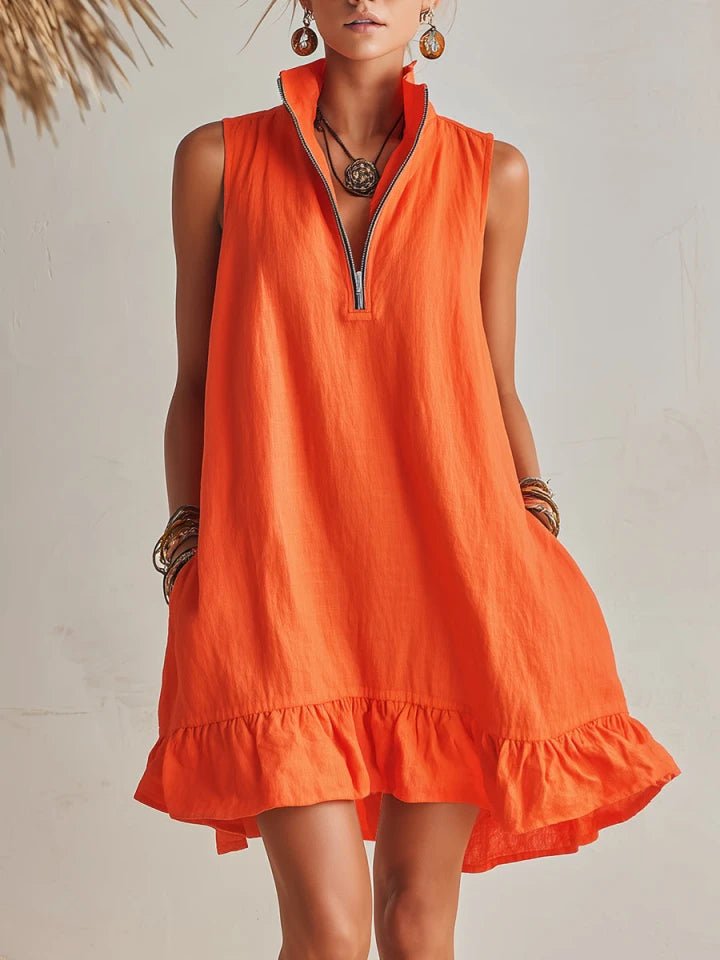 Women's Cotton-Linen Half-Zip Ruffle Mini Dress - Orange