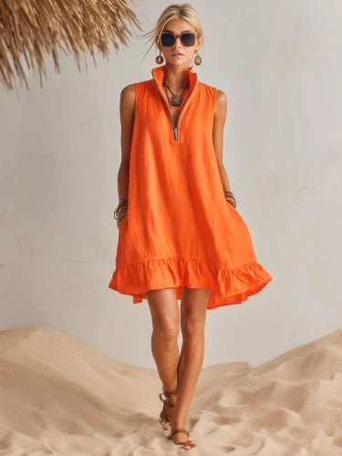 Women's Cotton-Linen Half-Zip Ruffle Mini Dress