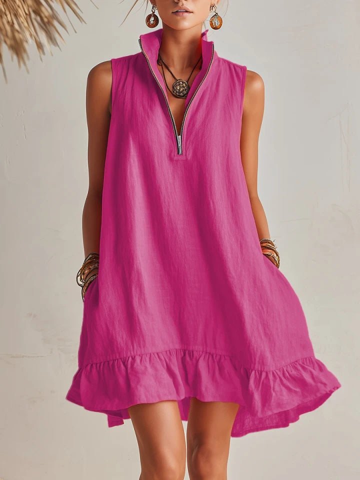 Women's Cotton-Linen Half-Zip Ruffle Mini Dress - Magenta