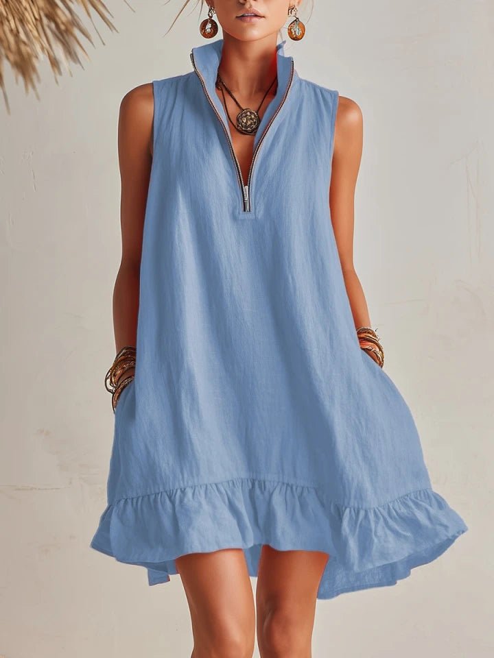 Women's Cotton-Linen Half-Zip Ruffle Mini Dress - Blue