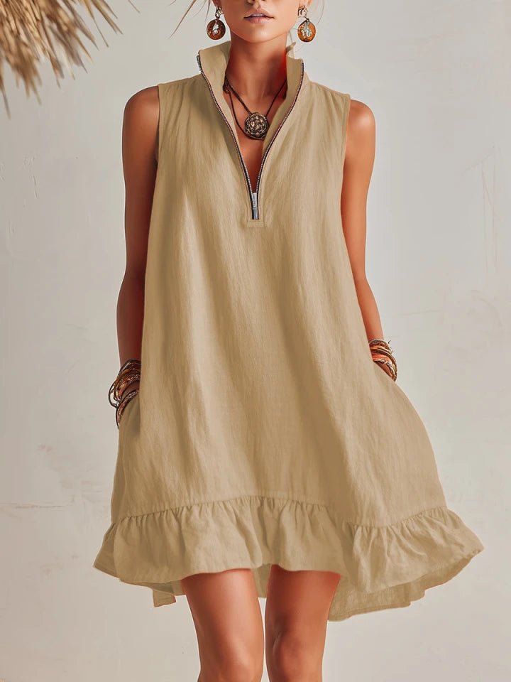 Women's Cotton-Linen Half-Zip Ruffle Mini Dress - Light Khaki