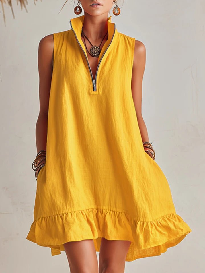 Women's Cotton-Linen Half-Zip Ruffle Mini Dress - Yellow
