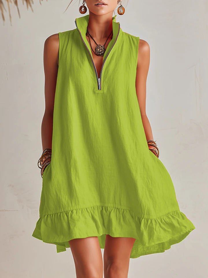 Women's Cotton-Linen Half-Zip Ruffle Mini Dress - Green