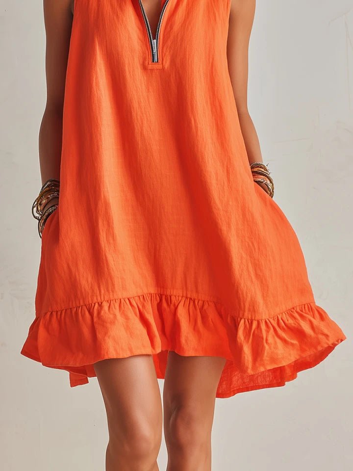 Women's Cotton-Linen Half-Zip Ruffle Mini Dress