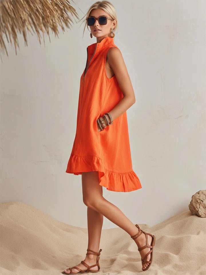 Women's Cotton-Linen Half-Zip Ruffle Mini Dress