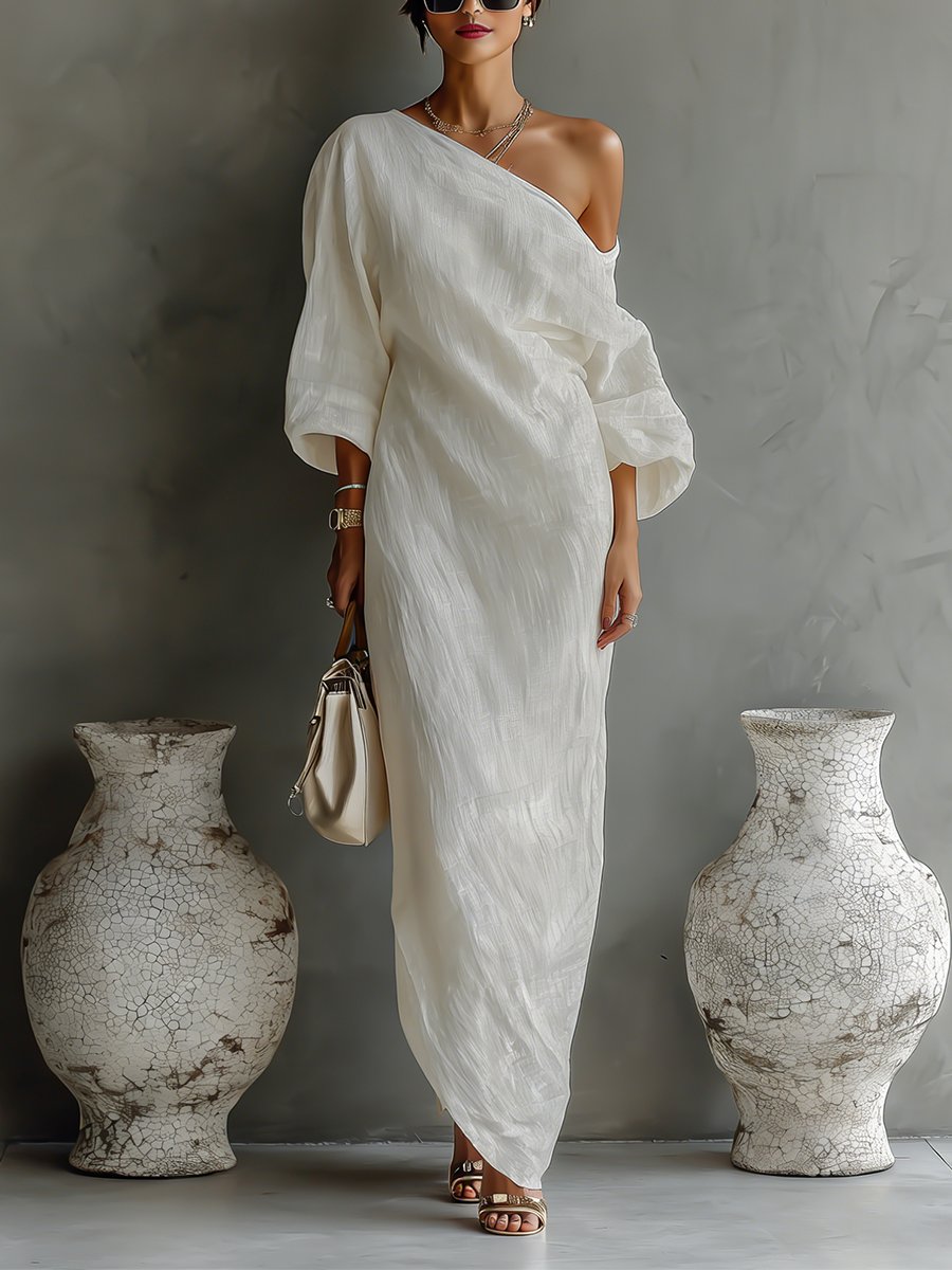Women's Cotton-Linen One-Shoulder Maxi Dress - Ivory White