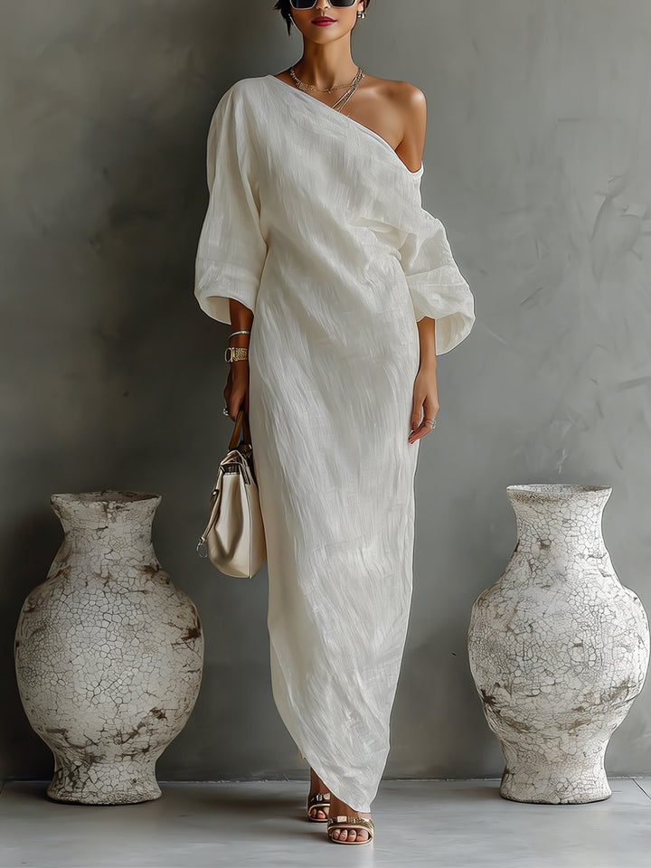 Women's Cotton-Linen One-Shoulder Maxi Dress - Ivory White
