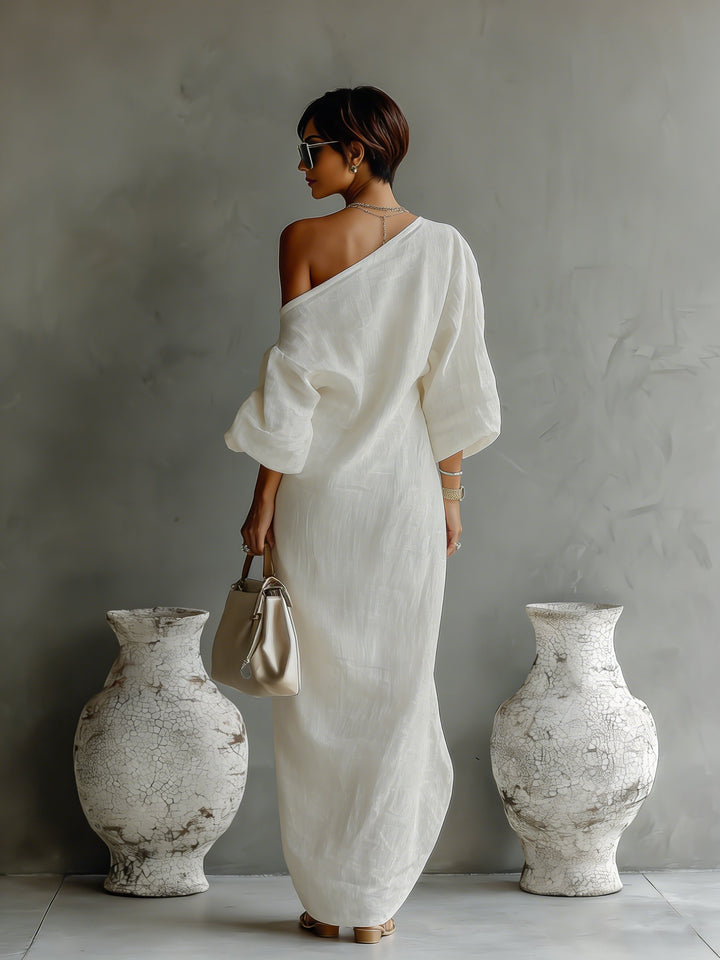 Women's Cotton-Linen One-Shoulder Maxi Dress