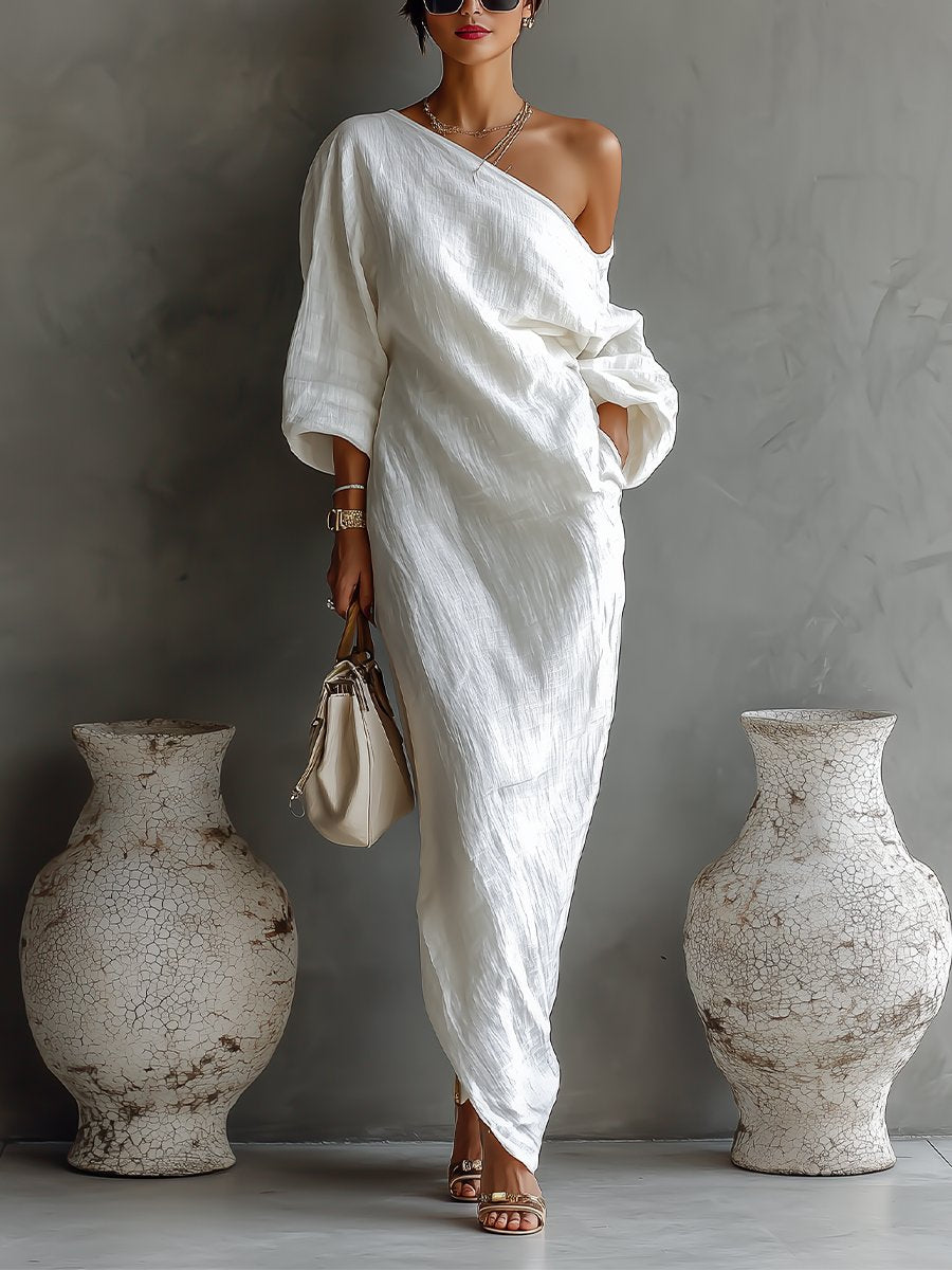 Women's Cotton-Linen One-Shoulder Maxi Dress