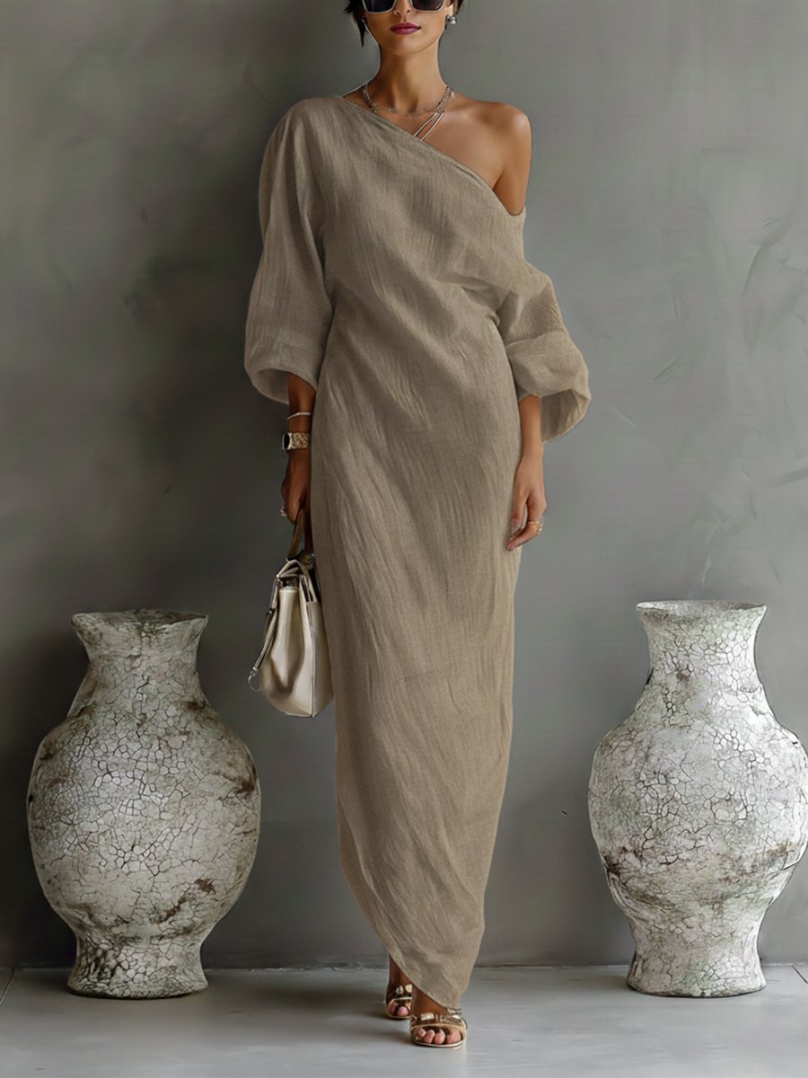 Women's Cotton-Linen One-Shoulder Maxi Dress - Khaki