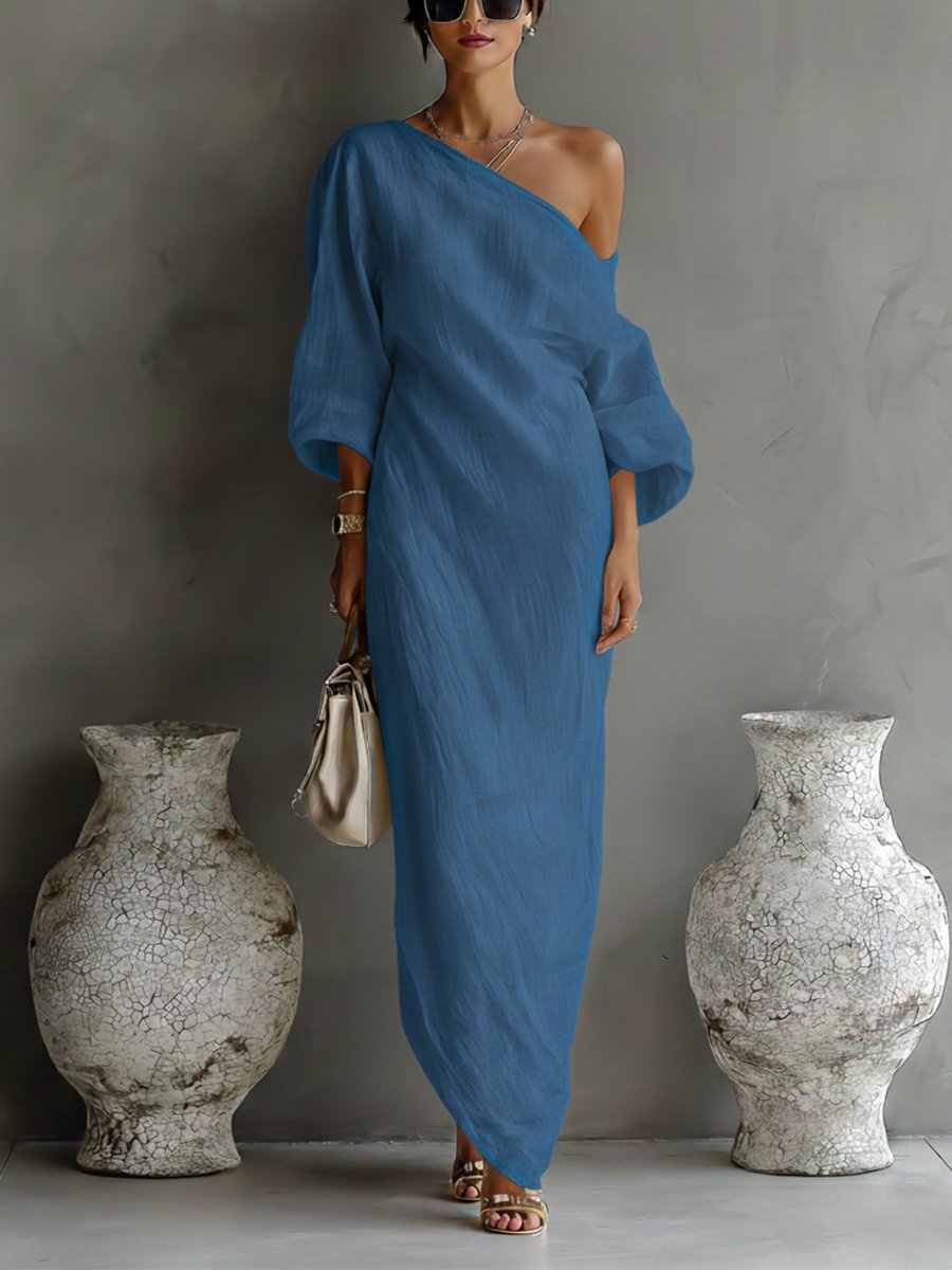 Women's Cotton-Linen One-Shoulder Maxi Dress - Blue