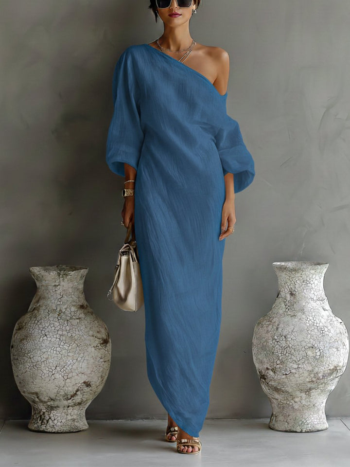 Women's Cotton-Linen One-Shoulder Maxi Dress - Blue
